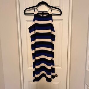 Lord & Taylor - Striped Halter Dress in Black, White, and Blue. Sz L. NWT.